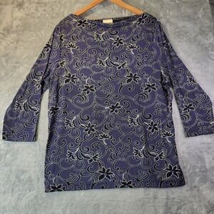 Tapemeasure Purple Scroll Print 3/4‎ Sleeve Top Womens M L Lightweight Knit